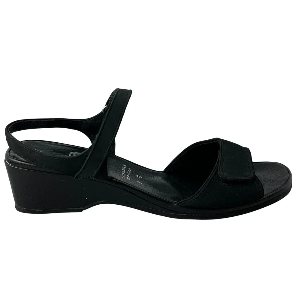 Ara California Women's 8 G Black‎ Leather Comfort Sandals Hook Loop Wedge